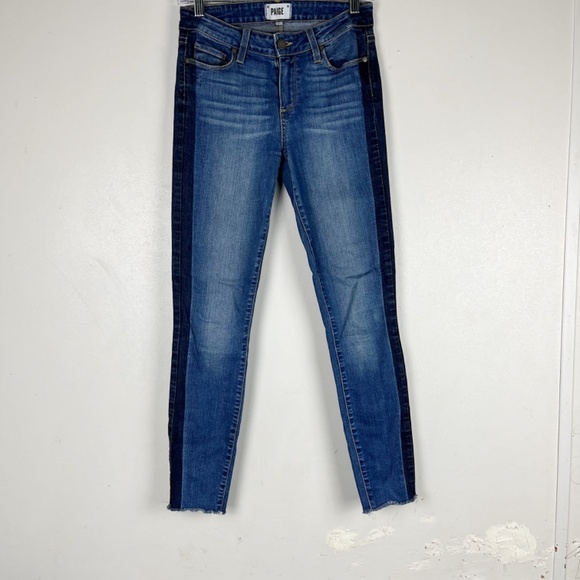 PAIGE Verdugo Ankle Skinny Jeans Side Stripes Mid Rise Raw Hem Size 28 Blue - Picture 2 of 12
